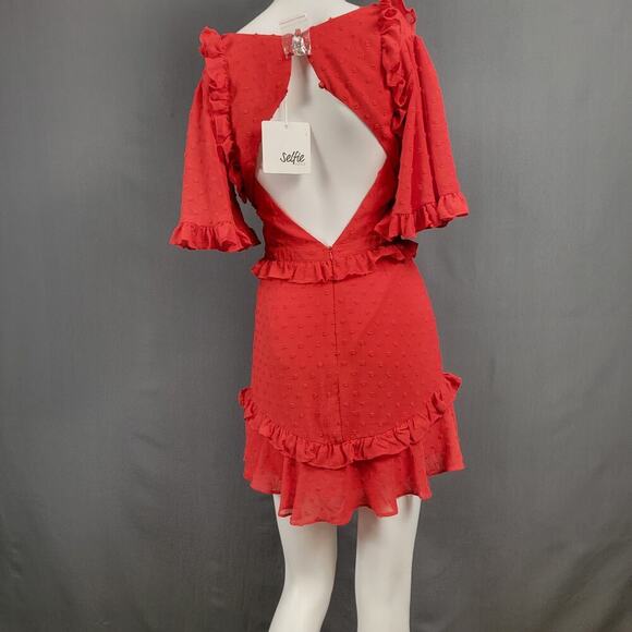 Selfie Leslie Red Mini Dress XS Swiss Dot Ruffle Cutout Partywear - Picture 5 of 8